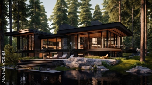 an artist's rendering of a house in the woods with a lake in the foreground and rocks in the foreground. © Anna
