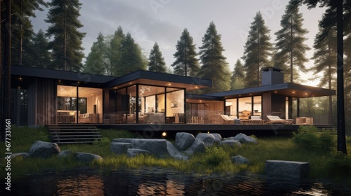  a house in the middle of a forest with a lake in front of it and a dock in front of it.