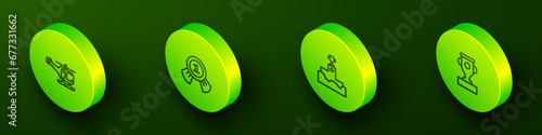 Set Isometric line Rescue helicopter, Medal, Award winner podium and cup icon. Vector