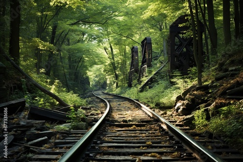 Abandoned railroad tracks winding through a densely wooded ravine