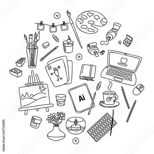 A set of doodles on the theme of an artist’s workplace: watercolor, gouache, tubes of paint, palette, tablet and computer, brushes. Vector illustration in doodle style, set of elements, hand drawing