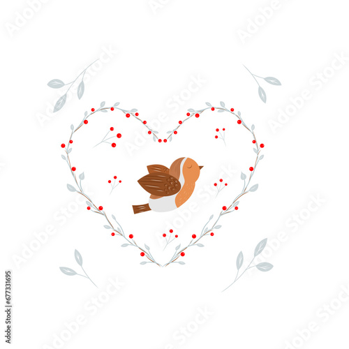 Bird, heart with branch and leaves, bullfinch, valentine card. Christmas postcard flat style