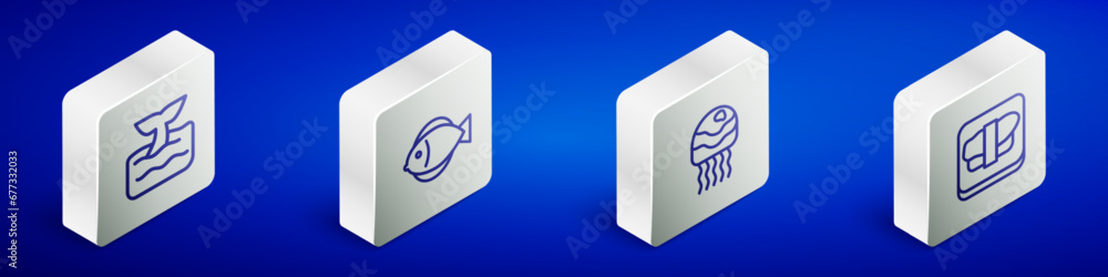 Set Isometric line Whale tail in ocean wave, Fish, Jellyfish and Sushi on cutting board icon. Vector