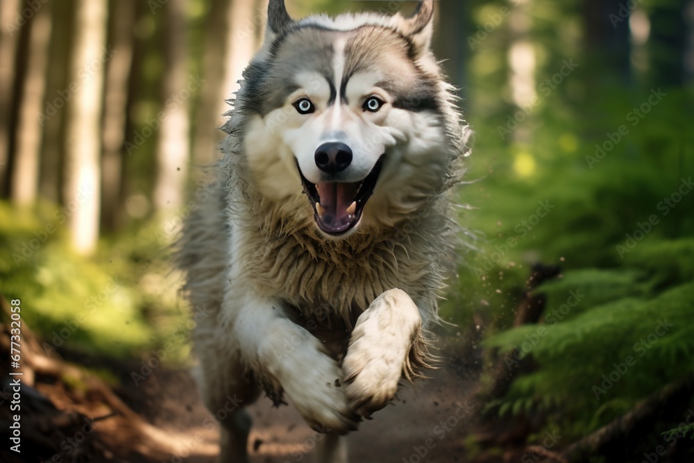 Action shot of a Husky running through a forest, muscles in motion Action shot of a Husky running through a forest, muscles in motion
