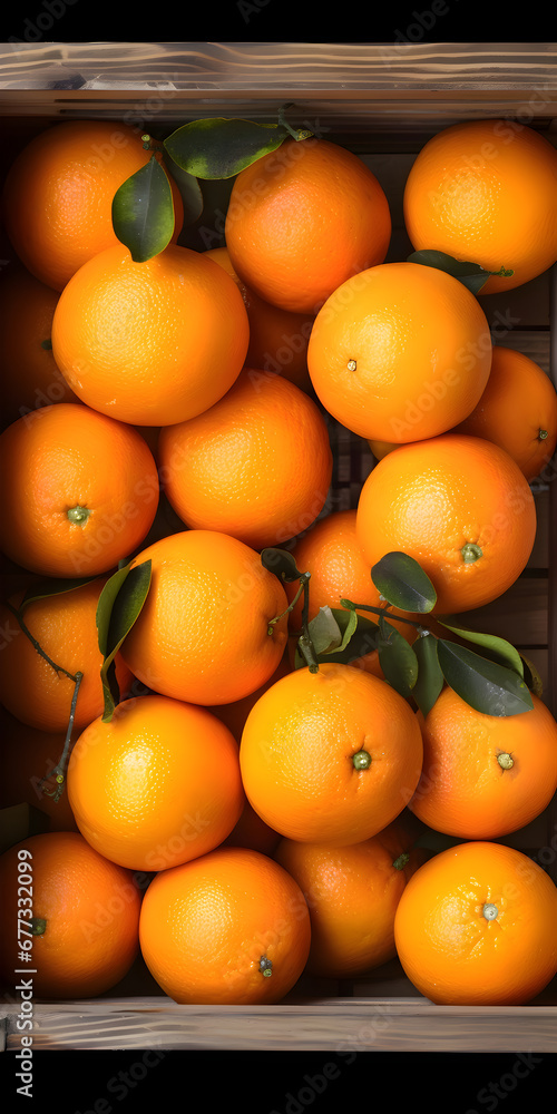 Ripe tangerines in a wooden box. Toned.