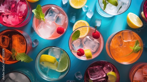  a table topped with glasses filled with different types of drinks and garnished with lemons, raspberries and mints.