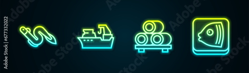 Set line Eel fish, Fishing boat, Sushi on cutting board and head. Glowing neon icon. Vector