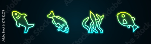 Set line Shark, Fish, Seaweed and Tropical fish. Glowing neon icon. Vector