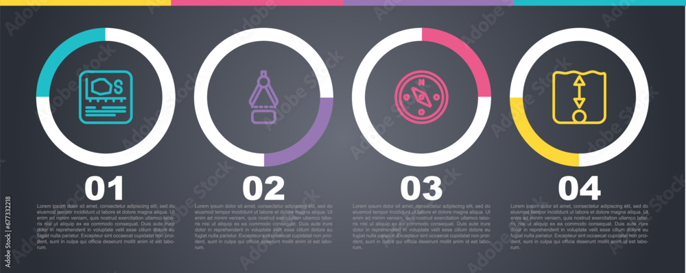 Set line Area measurement, Drawing compass, Compass and Depth. Business infographic template. Vector Set line Area measurement, Drawing compass, Compass and Depth. Business infographic template. Vector