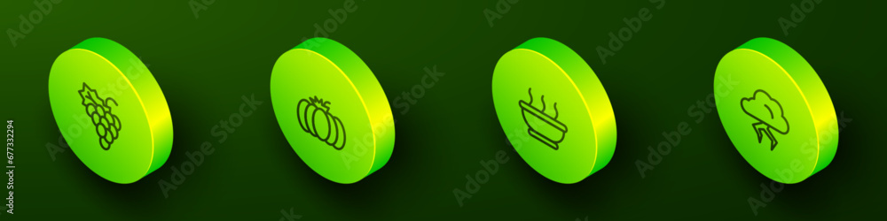 Set Isometric line Grape fruit, Pumpkin, Bowl of hot soup and Storm icon. Vector Set Isometric line Grape fruit, Pumpkin, Bowl of hot soup and Storm icon. Vector