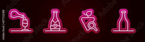 Set line Wine tasting, degustation, Champagne bottle, Grapes and Bottle of wine. Glowing neon icon. Vector