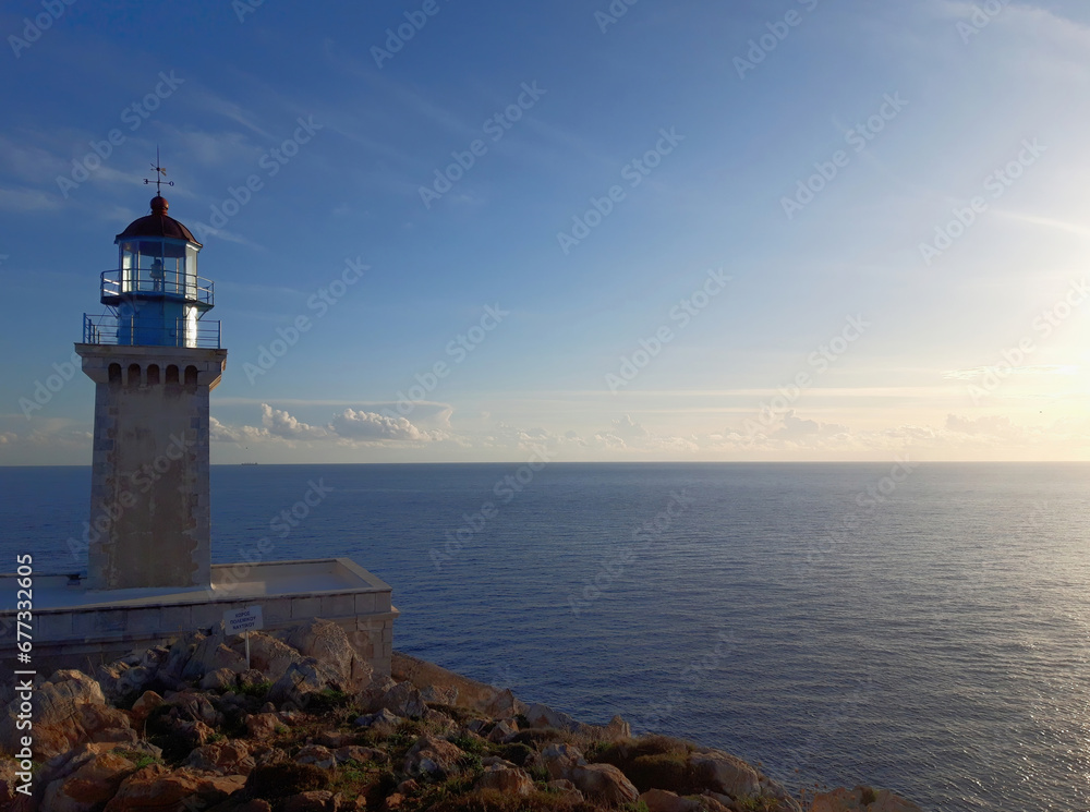Lighthouse at cape Tainaron lighthouse in Mani Greece. Cape Tenaro, (Cape Matapan) is the southernmost point of mainland Greece