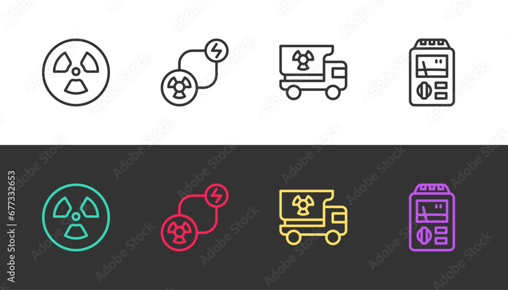 Set line Radioactive, exchange energy, Truck with radiation materials and Dosimeter on black and white. Vector Set line Radioactive, exchange energy, Truck with radiation materials and Dosimeter on black and white. Vector