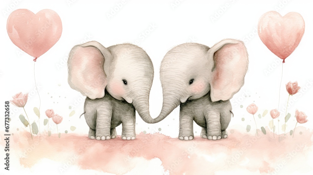  a couple of elephants standing next to each other on top of a field of flowers and heart shaped air balloons.