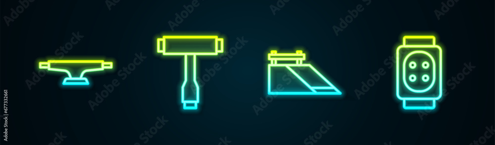 Set line Skateboard wheel, T tool, park and Knee pads. Glowing neon icon. Vector Set line Skateboard wheel, T tool, park and Knee pads. Glowing neon icon. Vector