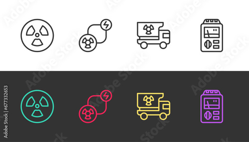Set line Radioactive, exchange energy, Truck with radiation materials and Dosimeter on black and white. Vector