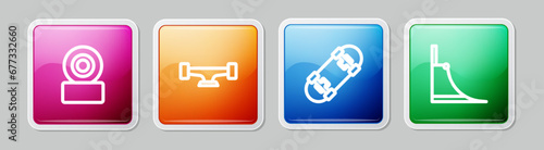 Set line Skateboard wheel, , and park. Colorful square button. Vector