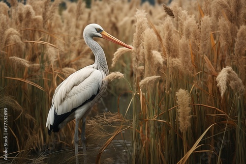 A stork standing amidst tall grasses, blending into its natural habitat