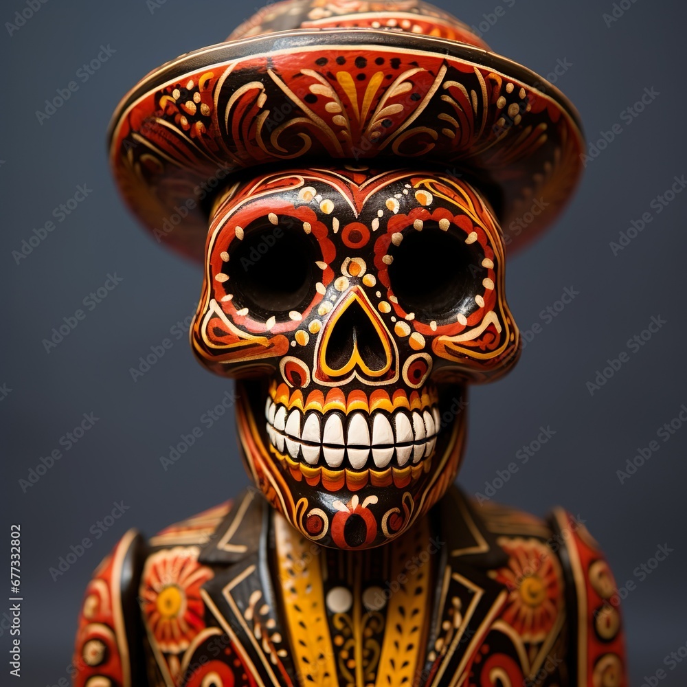 Day of the Dead calavera skeleton figurine, Mexican folk art, wood carving, close up - Generative AI