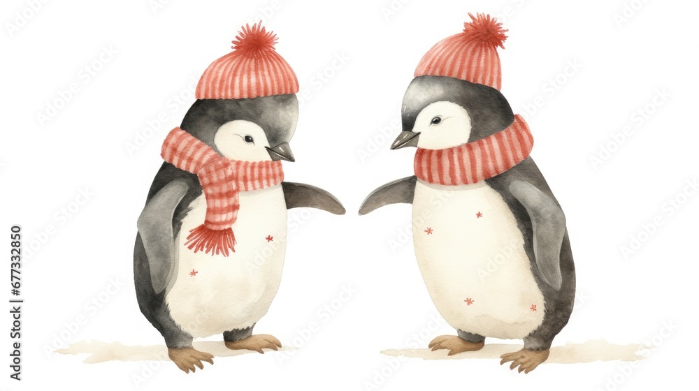 a couple of penguins standing next to each other wearing a red and white scarf and a red and white knitted hat. a couple of penguins standing next to each other wearing a red and white scarf and a red and white knitted hat.