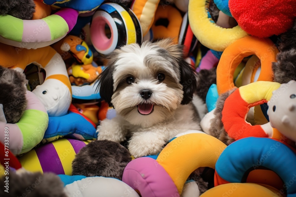 Poster Print A Shih Tzu puppy amidst a circle of plush toys 40x26.7 cm