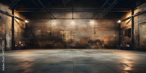 An old warehouse interior with industrial loft style, featuring a brick wall, concrete floor, and black steel roof structure,