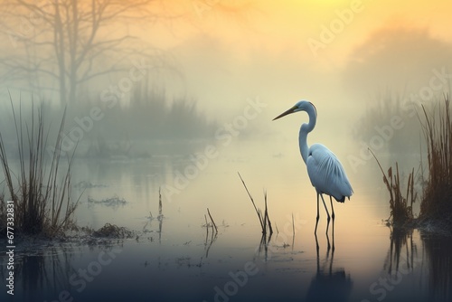 A solitary stork standing in a misty, serene marshland at dawn © Dan