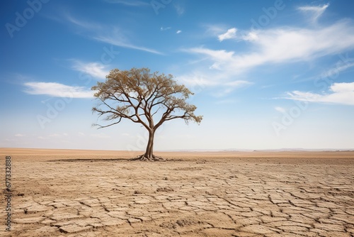 A solitary tree budding in the midst of a barren landscape