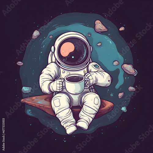 Astronaut with a cup of coffee on the background of the planet. Vector illustration