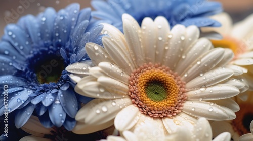 Close up of white and blue gerbera flowers with water drops. Springtime concept with a space for a text. Valentine day concept with a copy space.