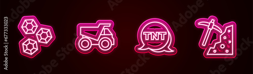 Set line Gem stone, Mining dump truck, Dynamite and Pickaxe. Glowing neon icon. Vector