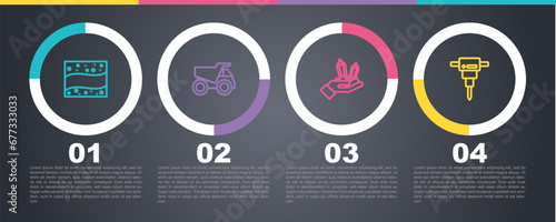 Set line Gold mine, Mining dump truck, Gem stone and Construction jackhammer. Business infographic template. Vector