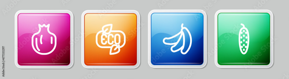Set line Pomegranate, Leaf Eco symbol, Banana and Cucumber. Colorful square button. Vector Set line Pomegranate, Leaf Eco symbol, Banana and Cucumber. Colorful square button. Vector