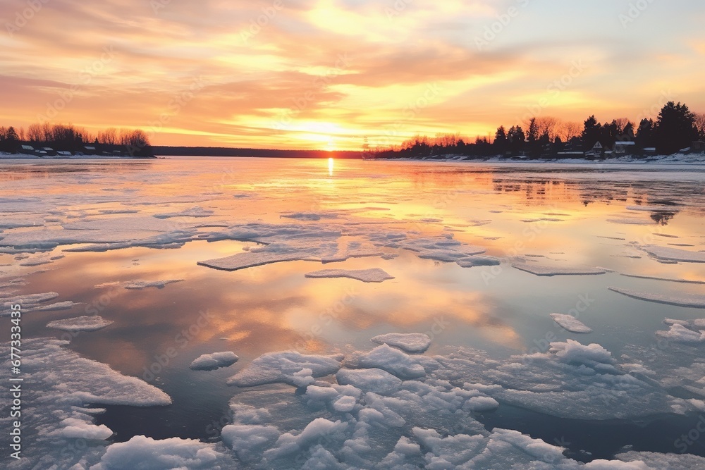 Obraz premium A thin layer of ice beginning to form on the lake, with open water in the center