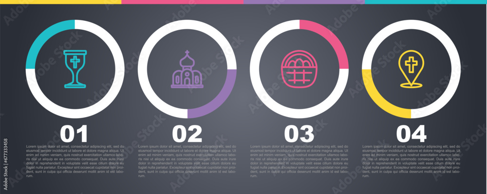 Set line Christian chalice, Church building, Basket with easter eggs and Location church. Business infographic template. Vector Set line Christian chalice, Church building, Basket with easter eggs and Location church. Business infographic template. Vector