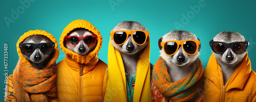 Meerkat group in fashionable outfits, creative animal concept, isolated on solid background with copy text space for birthday party invite advertisement,