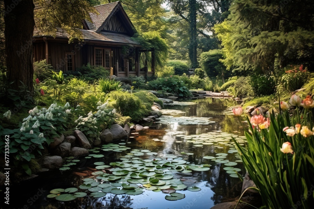 A tranquil pond nestled in a gentle valley, surrounded by foliage A tranquil pond nestled in a gentle valley, surrounded by foliage