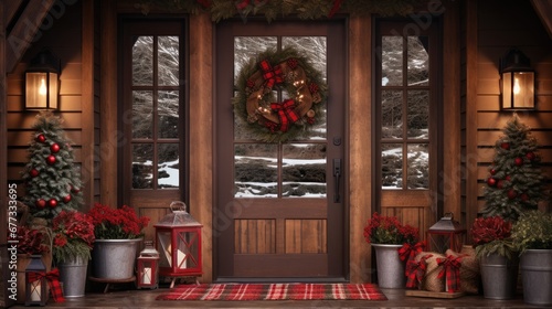  a front door decorated for christmas with a wreath and wreath on the front of the door and christmas decorations on the side of the door. photo