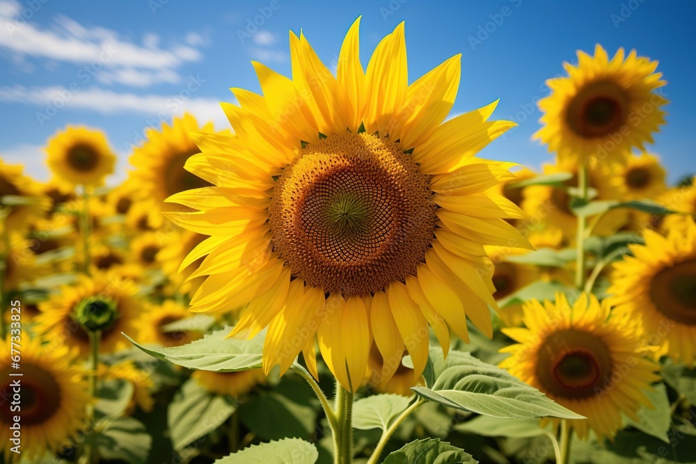 A vibrant field of sunflowers under a clear blue sky, basking in sunlight A vibrant field of sunflowers under a clear blue sky, basking in sunlight