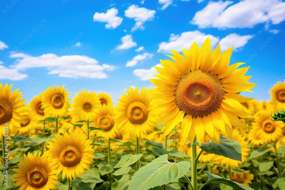 A vibrant field of sunflowers under a clear blue sky, basking in sunlight A vibrant field of sunflowers under a clear blue sky, basking in sunlight