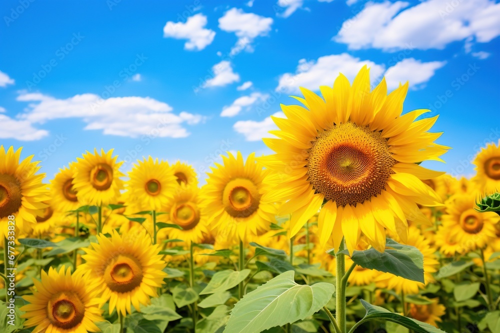 A vibrant field of sunflowers under a clear blue sky, basking in sunlight