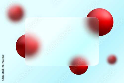 Abstract background with dynamic balls under a transparent matte frame on a light background. Glass overlay effect banner with 3D red vector balls in glass morphism style. Vector illustration.