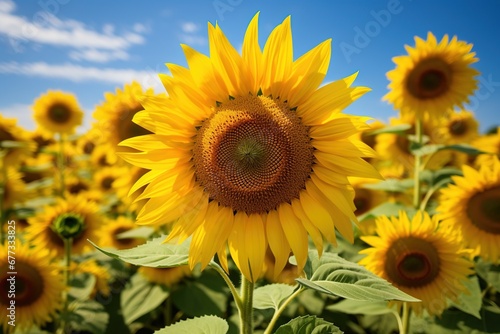 A vibrant field of sunflowers under a clear blue sky, basking in sunlight