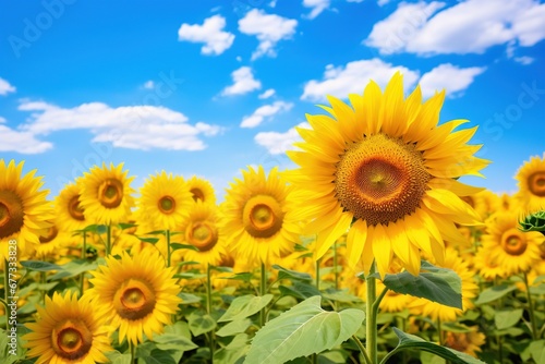 A vibrant field of sunflowers under a clear blue sky  basking in sunlight