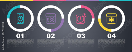 Set line Alarm clock app mobile, Payday, calendar with dollar, and Calendar winter. Business infographic template. Vector