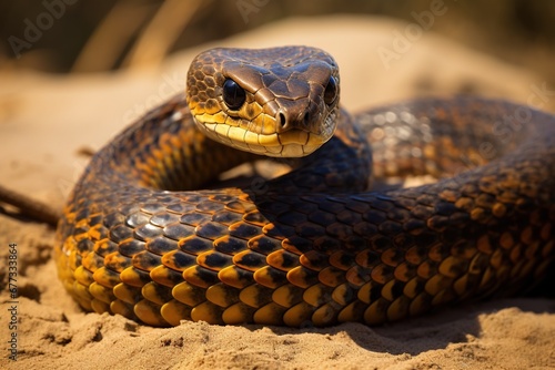 A vibrant king cobra coiled in defense position on a sandy terrain