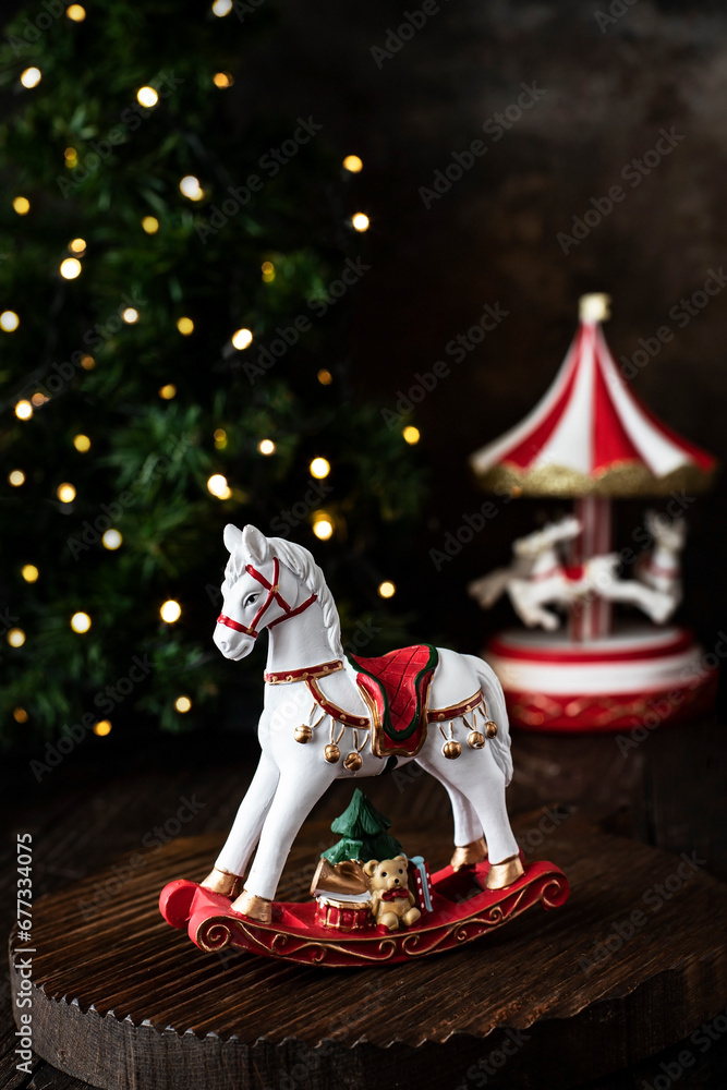 Christmas gift card with holiday composition with horse toy