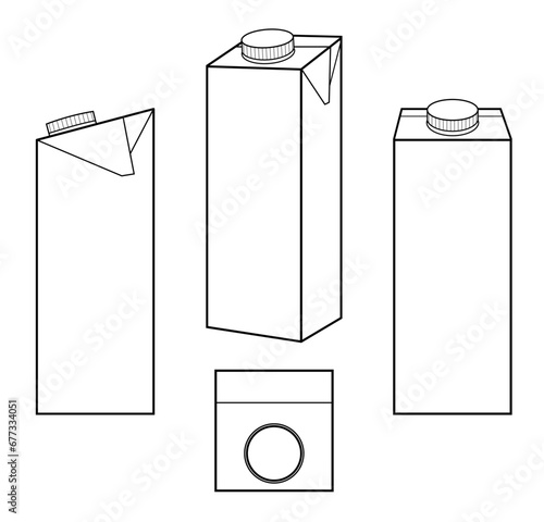 Line mockup of a drink carton for milk, juice in different angles. View turns of cardboard liquid packaging. Front, side, profile, top view, three-quarter. Vector illustration isolated on white. Food photo