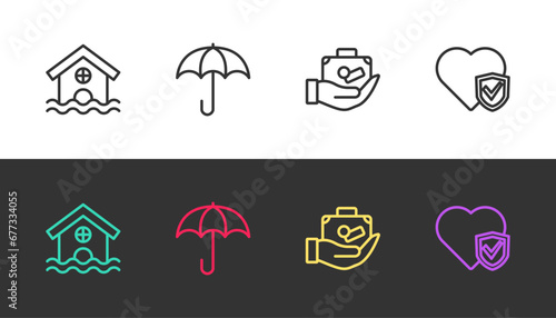 Set line House flood, Umbrella, Travel suitcase in hand and Life insurance with shield on black and white. Vector