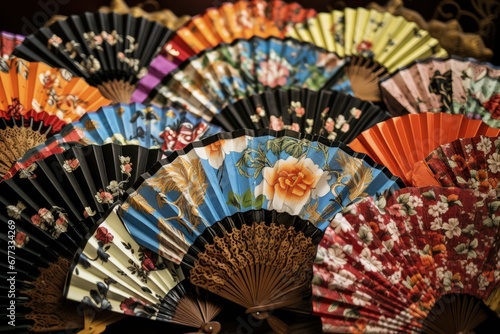 Colorful Chinese Fans in Circular Formation with Various Patterns on Brown Wooden Table